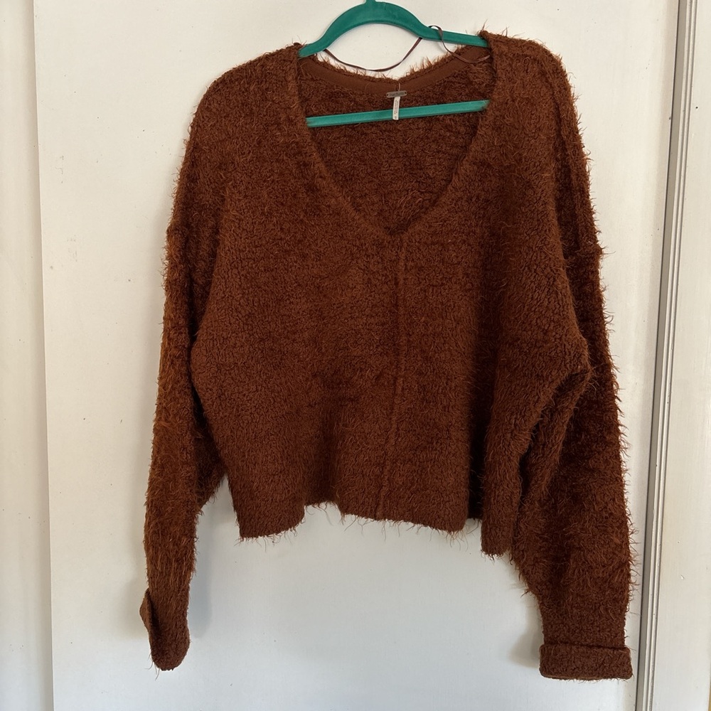 Free People Fuzzy Brown V-Neck Sweater